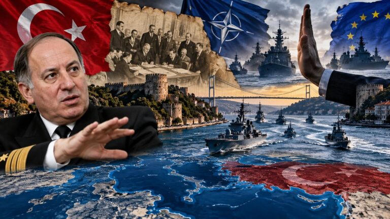 Колаж, създаден с ИИ: мъж в адмиралска униформа, Босфорът с военни кораби и знамената на Турция, НАТО и ЕС
